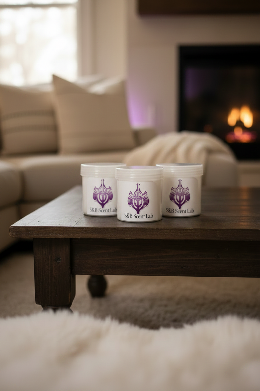 Three S&B Scent Lab candles on coffee table